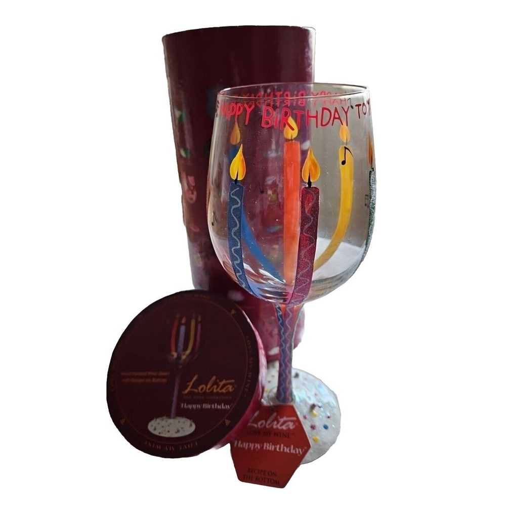 Lolita Love My Wine Hand Painted "Happy Birthday/Day" Wine Glass 15 oz. New.